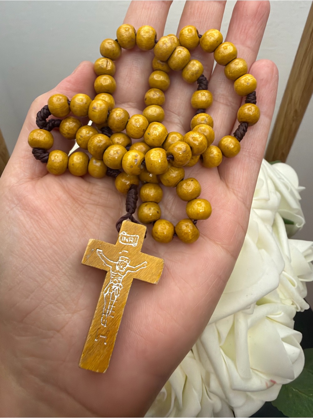 Handmade Yellow Wooden Rosary Necklace with Crucifix